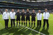 17 September 2017; Referee Anthony Nolan, 5th from right, with his officials Martin Mcnally, Jerome Henry and James Molloy and his umpires Damien Byrne Donal O'Keeffe, Peter Case and Patrick Doyle before the Electric Ireland GAA Football All-Ireland Minor Championship Final match between Kerry and Derry at Croke Park in Dublin. Photo by Ray McManus/Sportsfile