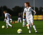 14 September 2017; Allanah Ferrari, age 9, from Irishtown, Dublin, during the Aviva Soccer Sisters Golden Camp. Forty girls from the Aviva ‘Soccer Sisters’ initiative were given the opportunity of a lifetime, as they took part in a special training session alongside several members of the Republic of Ireland women’s senior team. The girls were selected from over 4,000 budding footballers between the ages of seven and 12 to take part in the special session at the FAI National Training Centre, as part of the 2017 Aviva Soccer Sisters Golden Camp. The Camp saw the girls sit in on a full Irish team training session, before taking to the field with the team ahead of next Tuesday’s FIFA World Cup Qualifier against Northern Ireland. The Aviva Soccer Sisters programme has been running since 2010 and is aimed at engaging young girls in physical exercise and attracting them to the game of football. Over 30,000 girls have taken part in the programme since it first kicked off, including Roma McLaughlin who is part of Colin Bell’s line-up for next week’s qualifier.  For further information on Aviva Soccer Sisters, visit: www.aviva.ie/soccersisters  #AvivaSoccerSisters. FAI National Training Centre, Abbotstown, Dublin. Photo by Stephen McCarthy/Sportsfile