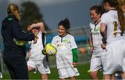 14 September 2017; Angelina Furey, age 10, from Galway, during the Aviva Soccer Sisters Golden Camp. Forty girls from the Aviva ‘Soccer Sisters’ initiative were given the opportunity of a lifetime, as they took part in a special training session alongside several members of the Republic of Ireland women’s senior team. The girls were selected from over 4,000 budding footballers between the ages of seven and 12 to take part in the special session at the FAI National Training Centre, as part of the 2017 Aviva Soccer Sisters Golden Camp. The Camp saw the girls sit in on a full Irish team training session, before taking to the field with the team ahead of next Tuesday’s FIFA World Cup Qualifier against Northern Ireland. The Aviva Soccer Sisters programme has been running since 2010 and is aimed at engaging young girls in physical exercise and attracting them to the game of football. Over 30,000 girls have taken part in the programme since it first kicked off, including Roma McLaughlin who is part of Colin Bell’s line-up for next week’s qualifier.  For further information on Aviva Soccer Sisters, visit: www.aviva.ie/soccersisters  #AvivaSoccerSisters. FAI National Training Centre, Abbotstown, Dublin. Photo by Stephen McCarthy/Sportsfile