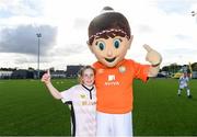 14 September 2017; Meabh Gurrin, age 10, of Greystones United, Wicklow, with Aviva Soccer Sisters mascot Cara during the Aviva Soccer Sisters Golden Camp. Forty girls from the Aviva ‘Soccer Sisters’ initiative were given the opportunity of a lifetime, as they took part in a special training session alongside several members of the Republic of Ireland women’s senior team. The girls were selected from over 4,000 budding footballers between the ages of seven and 12 to take part in the special session at the FAI National Training Centre, as part of the 2017 Aviva Soccer Sisters Golden Camp. The Camp saw the girls sit in on a full Irish team training session, before taking to the field with the team ahead of next Tuesday’s FIFA World Cup Qualifier against Northern Ireland. The Aviva Soccer Sisters programme has been running since 2010 and is aimed at engaging young girls in physical exercise and attracting them to the game of football. Over 30,000 girls have taken part in the programme since it first kicked off, including Roma McLaughlin who is part of Colin Bell’s line-up for next week’s qualifier.  For further information on Aviva Soccer Sisters, visit: www.aviva.ie/soccersisters  #AvivaSoccerSisters. FAI National Training Centre, Abbotstown, Dublin. Photo by Stephen McCarthy/Sportsfile