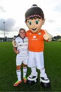 14 September 2017; Jodie Robinson, age 11, of Longford Schoolboy/Girls League, with Aviva Soccer Sisters mascot Cara during the Aviva Soccer Sisters Golden Camp. Forty girls from the Aviva ‘Soccer Sisters’ initiative were given the opportunity of a lifetime, as they took part in a special training session alongside several members of the Republic of Ireland women’s senior team. The girls were selected from over 4,000 budding footballers between the ages of seven and 12 to take part in the special session at the FAI National Training Centre, as part of the 2017 Aviva Soccer Sisters Golden Camp. The Camp saw the girls sit in on a full Irish team training session, before taking to the field with the team ahead of next Tuesday’s FIFA World Cup Qualifier against Northern Ireland. The Aviva Soccer Sisters programme has been running since 2010 and is aimed at engaging young girls in physical exercise and attracting them to the game of football. Over 30,000 girls have taken part in the programme since it first kicked off, including Roma McLaughlin who is part of Colin Bell’s line-up for next week’s qualifier.  For further information on Aviva Soccer Sisters, visit: www.aviva.ie/soccersisters  #AvivaSoccerSisters. FAI National Training Centre, Abbotstown, Dublin. Photo by Stephen McCarthy/Sportsfile