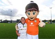 14 September 2017; Jodie Robinson, age 11, of Longford Schoolboy/Girls League, with Aviva Soccer Sisters mascot Cara during the Aviva Soccer Sisters Golden Camp. Forty girls from the Aviva ‘Soccer Sisters’ initiative were given the opportunity of a lifetime, as they took part in a special training session alongside several members of the Republic of Ireland women’s senior team. The girls were selected from over 4,000 budding footballers between the ages of seven and 12 to take part in the special session at the FAI National Training Centre, as part of the 2017 Aviva Soccer Sisters Golden Camp. The Camp saw the girls sit in on a full Irish team training session, before taking to the field with the team ahead of next Tuesday’s FIFA World Cup Qualifier against Northern Ireland. The Aviva Soccer Sisters programme has been running since 2010 and is aimed at engaging young girls in physical exercise and attracting them to the game of football. Over 30,000 girls have taken part in the programme since it first kicked off, including Roma McLaughlin who is part of Colin Bell’s line-up for next week’s qualifier.  For further information on Aviva Soccer Sisters, visit: www.aviva.ie/soccersisters  #AvivaSoccerSisters. FAI National Training Centre, Abbotstown, Dublin. Photo by Stephen McCarthy/Sportsfile