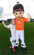 14 September 2017; Meabh Gurrin, age 10, of Greystones United, Wicklow, with Aviva Soccer Sisters mascot Cara during the Aviva Soccer Sisters Golden Camp. Forty girls from the Aviva ‘Soccer Sisters’ initiative were given the opportunity of a lifetime, as they took part in a special training session alongside several members of the Republic of Ireland women’s senior team. The girls were selected from over 4,000 budding footballers between the ages of seven and 12 to take part in the special session at the FAI National Training Centre, as part of the 2017 Aviva Soccer Sisters Golden Camp. The Camp saw the girls sit in on a full Irish team training session, before taking to the field with the team ahead of next Tuesday’s FIFA World Cup Qualifier against Northern Ireland. The Aviva Soccer Sisters programme has been running since 2010 and is aimed at engaging young girls in physical exercise and attracting them to the game of football. Over 30,000 girls have taken part in the programme since it first kicked off, including Roma McLaughlin who is part of Colin Bell’s line-up for next week’s qualifier.  For further information on Aviva Soccer Sisters, visit: www.aviva.ie/soccersisters  #AvivaSoccerSisters. FAI National Training Centre, Abbotstown, Dublin. Photo by Stephen McCarthy/Sportsfile