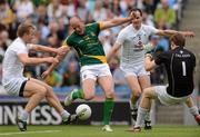 1 July 2012; Joe Sheridan, Meath, has his goal bound shot stopped by Kildare goalkeeper Shane Connolly, with defenders Peter Kelly and Michael Kelly either side. Leinster GAA Football Senior Championship Semi-Final, Meath v Kildare, Croke Park, Dublin. Picture credit: Ray McManus / SPORTSFILE