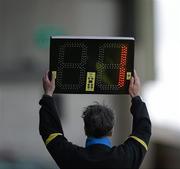 30 June 2012; Sideline official Tommy Ryan holds up the board to indicate the added on time at the end of the game GAA Hurling All-Ireland Senior Championship Phase 1, Limerick v Antrim, Gaelic Grounds, Limerick. Picture credit: Dáire Brennan / SPORTSFILE