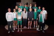 4 July 2012; In attendance at the Team Ireland announcement for the London 2012 Olympic Games are, back row, from left to right, Catriona Cuddihy, athletics, Mark Kenneally, athletics, Scott Flanigan, sailing, Darren O’Neill, boxing, Mark Kyle, equestrian, Aoife Clark, equestrian, and Michael Ryan, equestrian, with front row, from left to right, Joseph Murphy, equestrian, Camilla Spiers, equestrian, Joanne Cuddihy, athletics, Grainne Murphy, swimming, Derval O’Rourke, athletics, Claire Bergin, athletics, and Paddy Barnes, boxing. National Concert Hall, Earlsfort Terrace, Dublin. Picture credit: David Maher / SPORTSFILE