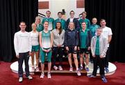 4 July 2012; Members of Team Ireland, back row, from left to right, Catriona Cuddihy, athletics, Mark Kenneally, athletics, Scott Flanigan, sailing, Darren O’Neill, boxing, Mark Kyle, equestrian, Aoife Clark, equestrian, and Michael Ryan, equestrian, with front row, from left to right, Joseph Murphy, equestrian, Camilla Spiers, equestrian, Joanne Cuddihy, athletics, Grainne Murphy, swimming, Derval O’Rourke, athletics, Claire Bergin, athletics, and Paddy Barnes, boxing, in attendance at the Team Ireland announcement for the London 2012 Olympic Games. National Concert Hall, Earlsfort Terrace, Dublin. Picture credit: Brendan Moran / SPORTSFILE