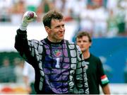 28 June 1994; Packie Bonner, Republic of Ireland, celebrates after qualifing for the 2nd phase of the World Cup Soccer. Picture credit; David Maher/SPORTSFILE