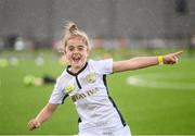 14 September 2017; Aoife Sheridan, age 9, from Dublin, during the Aviva Soccer Sisters Golden Camp. Forty girls from the Aviva ‘Soccer Sisters’ initiative were given the opportunity of a lifetime, as they took part in a special training session alongside several members of the Republic of Ireland women’s senior team. The girls were selected from over 4,000 budding footballers between the ages of seven and 12 to take part in the special session at the FAI National Training Centre, as part of the 2017 Aviva Soccer Sisters Golden Camp. The Camp saw the girls sit in on a full Irish team training session, before taking to the field with the team ahead of next Tuesday’s FIFA World Cup Qualifier against Northern Ireland. The Aviva Soccer Sisters programme has been running since 2010 and is aimed at engaging young girls in physical exercise and attracting them to the game of football. Over 30,000 girls have taken part in the programme since it first kicked off, including Roma McLaughlin who is part of Colin Bell’s line-up for next week’s qualifier.  For further information on Aviva Soccer Sisters, visit: www.aviva.ie/soccersisters  #AvivaSoccerSisters. FAI National Training Centre, Abbotstown, Dublin. Photo by Stephen McCarthy/Sportsfile