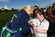 14 September 2017; Stephanie Roche of the Republic of Ireland women's national team signs an autogrpah for Mary Bolger, age 11, from Kilkenny,  during the Aviva Soccer Sisters Golden Camp. Forty girls from the Aviva ‘Soccer Sisters’ initiative were given the opportunity of a lifetime, as they took part in a special training session alongside several members of the Republic of Ireland women’s senior team. The girls were selected from over 4,000 budding footballers between the ages of seven and 12 to take part in the special session at the FAI National Training Centre, as part of the 2017 Aviva Soccer Sisters Golden Camp. The Camp saw the girls sit in on a full Irish team training session, before taking to the field with the team ahead of next Tuesday’s FIFA World Cup Qualifier against Northern Ireland. The Aviva Soccer Sisters programme has been running since 2010 and is aimed at engaging young girls in physical exercise and attracting them to the game of football. Over 30,000 girls have taken part in the programme since it first kicked off, including Roma McLaughlin who is part of Colin Bell’s line-up for next week’s qualifier.  For further information on Aviva Soccer Sisters, visit: www.aviva.ie/soccersisters  #AvivaSoccerSisters. FAI National Training Centre, Abbotstown, Dublin. Photo by Stephen McCarthy/Sportsfile