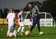 14 September 2017; Republic of Ireland women's U19 international Niamh Farrelly during the Aviva Soccer Sisters Golden Camp. Forty girls from the Aviva ‘Soccer Sisters’ initiative were given the opportunity of a lifetime, as they took part in a special training session alongside several members of the Republic of Ireland women’s senior team. The girls were selected from over 4,000 budding footballers between the ages of seven and 12 to take part in the special session at the FAI National Training Centre, as part of the 2017 Aviva Soccer Sisters Golden Camp. The Camp saw the girls sit in on a full Irish team training session, before taking to the field with the team ahead of next Tuesday’s FIFA World Cup Qualifier against Northern Ireland. The Aviva Soccer Sisters programme has been running since 2010 and is aimed at engaging young girls in physical exercise and attracting them to the game of football. Over 30,000 girls have taken part in the programme since it first kicked off, including Roma McLaughlin who is part of Colin Bell’s line-up for next week’s qualifier.  For further information on Aviva Soccer Sisters, visit: www.aviva.ie/soccersisters  #AvivaSoccerSisters. FAI National Training Centre, Abbotstown, Dublin. Photo by Stephen McCarthy/Sportsfile