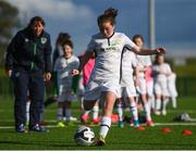 14 September 2017; Caoimhe Brooks, age 10, from Laois, during the Aviva Soccer Sisters Golden Camp. Forty girls from the Aviva ‘Soccer Sisters’ initiative were given the opportunity of a lifetime, as they took part in a special training session alongside several members of the Republic of Ireland women’s senior team. The girls were selected from over 4,000 budding footballers between the ages of seven and 12 to take part in the special session at the FAI National Training Centre, as part of the 2017 Aviva Soccer Sisters Golden Camp. The Camp saw the girls sit in on a full Irish team training session, before taking to the field with the team ahead of next Tuesday’s FIFA World Cup Qualifier against Northern Ireland. The Aviva Soccer Sisters programme has been running since 2010 and is aimed at engaging young girls in physical exercise and attracting them to the game of football. Over 30,000 girls have taken part in the programme since it first kicked off, including Roma McLaughlin who is part of Colin Bell’s line-up for next week’s qualifier.  For further information on Aviva Soccer Sisters, visit: www.aviva.ie/soccersisters  #AvivaSoccerSisters. FAI National Training Centre, Abbotstown, Dublin. Photo by Stephen McCarthy/Sportsfile