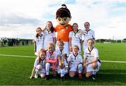 14 September 2017; Attendees, all from Dublin, with Aviva Soccer Sisters mascot Cara, back row, from left, Ava Palmer, age 8, of Portmarnock AFC, Rebecca Caswell, age 11, of St Itas AFC, Jessica Cox, age 9, of Balbriggan FC, and Jade Flannery, age 12, of Home Farm FC, with, front row, Allanah Ferrari, age 9, from Irishtown, Katie Law, age 12, Aoife Sheridan, age 9, from Dublin, Erin O'Hare, age 7, from Dublin, and Ella Hevey, age 12, of Baldoyle United FC, during the Aviva Soccer Sisters Golden Camp. Forty girls from the Aviva ‘Soccer Sisters’ initiative were given the opportunity of a lifetime, as they took part in a special training session alongside several members of the Republic of Ireland women’s senior team. The girls were selected from over 4,000 budding footballers between the ages of seven and 12 to take part in the special session at the FAI National Training Centre, as part of the 2017 Aviva Soccer Sisters Golden Camp. The Camp saw the girls sit in on a full Irish team training session, before taking to the field with the team ahead of next Tuesday’s FIFA World Cup Qualifier against Northern Ireland. The Aviva Soccer Sisters programme has been running since 2010 and is aimed at engaging young girls in physical exercise and attracting them to the game of football. Over 30,000 girls have taken part in the programme since it first kicked off, including Roma McLaughlin who is part of Colin Bell’s line-up for next week’s qualifier.  For further information on Aviva Soccer Sisters, visit: www.aviva.ie/soccersisters  #AvivaSoccerSisters. FAI National Training Centre, Abbotstown, Dublin. Photo by Stephen McCarthy/Sportsfile