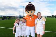 14 September 2017; Attendees, from Laois, with Aviva Soccer Sisters mascot Cara, Emma Maher, age 8, Kate Maher, age 8, and Emma Walshe, age 11, of Lions AFC, during the Aviva Soccer Sisters Golden Camp. Forty girls from the Aviva ‘Soccer Sisters’ initiative were given the opportunity of a lifetime, as they took part in a special training session alongside several members of the Republic of Ireland women’s senior team. The girls were selected from over 4,000 budding footballers between the ages of seven and 12 to take part in the special session at the FAI National Training Centre, as part of the 2017 Aviva Soccer Sisters Golden Camp. The Camp saw the girls sit in on a full Irish team training session, before taking to the field with the team ahead of next Tuesday’s FIFA World Cup Qualifier against Northern Ireland. The Aviva Soccer Sisters programme has been running since 2010 and is aimed at engaging young girls in physical exercise and attracting them to the game of football. Over 30,000 girls have taken part in the programme since it first kicked off, including Roma McLaughlin who is part of Colin Bell’s line-up for next week’s qualifier.  For further information on Aviva Soccer Sisters, visit: www.aviva.ie/soccersisters  #AvivaSoccerSisters. FAI National Training Centre, Abbotstown, Dublin. Photo by Stephen McCarthy/Sportsfile