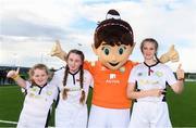 14 September 2017; Attendees, from Tipperary, with Aviva Soccer Sisters mascot Cara, from left, Lauren Corcoran, age 9, of Killenaule Moyglass Ladies, Katie O'Connor, age 11, of Cahir Park AFC, and Louise McGrath, age 12, of Ballymackey Football Club, during the Aviva Soccer Sisters Golden Camp. Forty girls from the Aviva ‘Soccer Sisters’ initiative were given the opportunity of a lifetime, as they took part in a special training session alongside several members of the Republic of Ireland women’s senior team. The girls were selected from over 4,000 budding footballers between the ages of seven and 12 to take part in the special session at the FAI National Training Centre, as part of the 2017 Aviva Soccer Sisters Golden Camp. The Camp saw the girls sit in on a full Irish team training session, before taking to the field with the team ahead of next Tuesday’s FIFA World Cup Qualifier against Northern Ireland. The Aviva Soccer Sisters programme has been running since 2010 and is aimed at engaging young girls in physical exercise and attracting them to the game of football. Over 30,000 girls have taken part in the programme since it first kicked off, including Roma McLaughlin who is part of Colin Bell’s line-up for next week’s qualifier.  For further information on Aviva Soccer Sisters, visit: www.aviva.ie/soccersisters  #AvivaSoccerSisters. FAI National Training Centre, Abbotstown, Dublin. Photo by Stephen McCarthy/Sportsfile
