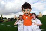14 September 2017; Rebecca Peppard, age 11, of Stoneyford United, Kilkenny, left, and Mary Bolger, age 11, from Kilkenny, with Aviva Soccer Sisters mascot Cara during the Aviva Soccer Sisters Golden Camp. Forty girls from the Aviva ‘Soccer Sisters’ initiative were given the opportunity of a lifetime, as they took part in a special training session alongside several members of the Republic of Ireland women’s senior team. The girls were selected from over 4,000 budding footballers between the ages of seven and 12 to take part in the special session at the FAI National Training Centre, as part of the 2017 Aviva Soccer Sisters Golden Camp. The Camp saw the girls sit in on a full Irish team training session, before taking to the field with the team ahead of next Tuesday’s FIFA World Cup Qualifier against Northern Ireland. The Aviva Soccer Sisters programme has been running since 2010 and is aimed at engaging young girls in physical exercise and attracting them to the game of football. Over 30,000 girls have taken part in the programme since it first kicked off, including Roma McLaughlin who is part of Colin Bell’s line-up for next week’s qualifier.  For further information on Aviva Soccer Sisters, visit: www.aviva.ie/soccersisters  #AvivaSoccerSisters. FAI National Training Centre, Abbotstown, Dublin. Photo by Stephen McCarthy/Sportsfile