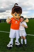 14 September 2017; Aisling Keady, age 10, of Cavan Shamrocks, with Aviva Soccer Sisters mascot Cara during the Aviva Soccer Sisters Golden Camp. Forty girls from the Aviva ‘Soccer Sisters’ initiative were given the opportunity of a lifetime, as they took part in a special training session alongside several members of the Republic of Ireland women’s senior team. The girls were selected from over 4,000 budding footballers between the ages of seven and 12 to take part in the special session at the FAI National Training Centre, as part of the 2017 Aviva Soccer Sisters Golden Camp. The Camp saw the girls sit in on a full Irish team training session, before taking to the field with the team ahead of next Tuesday’s FIFA World Cup Qualifier against Northern Ireland. The Aviva Soccer Sisters programme has been running since 2010 and is aimed at engaging young girls in physical exercise and attracting them to the game of football. Over 30,000 girls have taken part in the programme since it first kicked off, including Roma McLaughlin who is part of Colin Bell’s line-up for next week’s qualifier.  For further information on Aviva Soccer Sisters, visit: www.aviva.ie/soccersisters  #AvivaSoccerSisters. FAI National Training Centre, Abbotstown, Dublin. Photo by Stephen McCarthy/Sportsfile