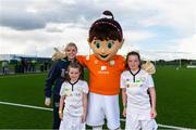 14 September 2017; FAI coach Laura Cusack and Aviva Soccer Sisters mascot Cara with Sadhbh Simpson, age 9, of Newbridge Town FC, Kildare, left, and Caoimhe Brooks, age 10, from Kildare, during the Aviva Soccer Sisters Golden Camp. Forty girls from the Aviva ‘Soccer Sisters’ initiative were given the opportunity of a lifetime, as they took part in a special training session alongside several members of the Republic of Ireland women’s senior team. The girls were selected from over 4,000 budding footballers between the ages of seven and 12 to take part in the special session at the FAI National Training Centre, as part of the 2017 Aviva Soccer Sisters Golden Camp. The Camp saw the girls sit in on a full Irish team training session, before taking to the field with the team ahead of next Tuesday’s FIFA World Cup Qualifier against Northern Ireland. The Aviva Soccer Sisters programme has been running since 2010 and is aimed at engaging young girls in physical exercise and attracting them to the game of football. Over 30,000 girls have taken part in the programme since it first kicked off, including Roma McLaughlin who is part of Colin Bell’s line-up for next week’s qualifier.  For further information on Aviva Soccer Sisters, visit: www.aviva.ie/soccersisters  #AvivaSoccerSisters. FAI National Training Centre, Abbotstown, Dublin. Photo by Stephen McCarthy/Sportsfile