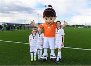 14 September 2017; Attendees from Sligo, with Aviva Soccer Sisters mascot Cara, from left, Clodagh Galvin, age 7, of Arrow Harps, Shauna McCormack, age 8, of Ballymote Celtic, and Martha-Kate McCarthy, age 9, of Boyle Celtic, during the Aviva Soccer Sisters Golden Camp. Forty girls from the Aviva ‘Soccer Sisters’ initiative were given the opportunity of a lifetime, as they took part in a special training session alongside several members of the Republic of Ireland women’s senior team. The girls were selected from over 4,000 budding footballers between the ages of seven and 12 to take part in the special session at the FAI National Training Centre, as part of the 2017 Aviva Soccer Sisters Golden Camp. The Camp saw the girls sit in on a full Irish team training session, before taking to the field with the team ahead of next Tuesday’s FIFA World Cup Qualifier against Northern Ireland. The Aviva Soccer Sisters programme has been running since 2010 and is aimed at engaging young girls in physical exercise and attracting them to the game of football. Over 30,000 girls have taken part in the programme since it first kicked off, including Roma McLaughlin who is part of Colin Bell’s line-up for next week’s qualifier.  For further information on Aviva Soccer Sisters, visit: www.aviva.ie/soccersisters  #AvivaSoccerSisters. FAI National Training Centre, Abbotstown, Dublin. Photo by Stephen McCarthy/Sportsfile