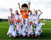 14 September 2017; Attendees, all from Dublin, with Aviva Soccer Sisters mascot Cara, back row, from left, Ava Palmer, age 8, of Portmarnock AFC, Rebecca Caswell, age 11, of St Itas AFC, Jessica Cox, age 9, of Balbriggan FC, and Jade Flannery, age 12, of Home Farm FC, with, front row, Allanah Ferrari, age 9, from Irishtown, Katie Law, age 12, Aoife Sheridan, age 9, from Dublin, Erin O'Hare, age 7, from Dublin, and Ella Hevey, age 12, of Baldoyle United FC, during the Aviva Soccer Sisters Golden Camp. Forty girls from the Aviva ‘Soccer Sisters’ initiative were given the opportunity of a lifetime, as they took part in a special training session alongside several members of the Republic of Ireland women’s senior team. The girls were selected from over 4,000 budding footballers between the ages of seven and 12 to take part in the special session at the FAI National Training Centre, as part of the 2017 Aviva Soccer Sisters Golden Camp. The Camp saw the girls sit in on a full Irish team training session, before taking to the field with the team ahead of next Tuesday’s FIFA World Cup Qualifier against Northern Ireland. The Aviva Soccer Sisters programme has been running since 2010 and is aimed at engaging young girls in physical exercise and attracting them to the game of football. Over 30,000 girls have taken part in the programme since it first kicked off, including Roma McLaughlin who is part of Colin Bell’s line-up for next week’s qualifier.  For further information on Aviva Soccer Sisters, visit: www.aviva.ie/soccersisters  #AvivaSoccerSisters. FAI National Training Centre, Abbotstown, Dublin. Photo by Stephen McCarthy/Sportsfile