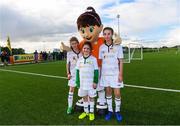 14 September 2017; Attendees, from left, Sadhbh Irwin, age 12, of Galway, Angelina Furey, age 10, from Galway, and Aoibhe Murray, age 12, of Athenry AFC, Galway, with Aviva Soccer Sisters mascot Cara during the Aviva Soccer Sisters Golden Camp. Forty girls from the Aviva ‘Soccer Sisters’ initiative were given the opportunity of a lifetime, as they took part in a special training session alongside several members of the Republic of Ireland women’s senior team. The girls were selected from over 4,000 budding footballers between the ages of seven and 12 to take part in the special session at the FAI National Training Centre, as part of the 2017 Aviva Soccer Sisters Golden Camp. The Camp saw the girls sit in on a full Irish team training session, before taking to the field with the team ahead of next Tuesday’s FIFA World Cup Qualifier against Northern Ireland. The Aviva Soccer Sisters programme has been running since 2010 and is aimed at engaging young girls in physical exercise and attracting them to the game of football. Over 30,000 girls have taken part in the programme since it first kicked off, including Roma McLaughlin who is part of Colin Bell’s line-up for next week’s qualifier.  For further information on Aviva Soccer Sisters, visit: www.aviva.ie/soccersisters  #AvivaSoccerSisters. FAI National Training Centre, Abbotstown, Dublin. Photo by Stephen McCarthy/Sportsfile