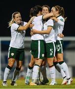 19 September 2017; Republic of Ireland players, from left, Harriet Scott, Megan Campbell, Niamh Fahey and Katie McCabe celebrate their first goal during the 2019 FIFA Women's World Cup Qualifier Group 3 match between Northern Ireland and Republic of Ireland at Mourneview Park in Lurgan, Co Armagh. Photo by Stephen McCarthy/Sportsfile
