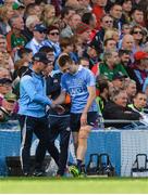 17 September 2017; Jack McCaffrey of Dublin with manager Jim Gavin after leaving the field with an injury during the GAA Football All-Ireland Senior Championship Final match between Dublin and Mayo at Croke Park in Dublin. Photo by Piaras Ó Mídheach/Sportsfile
