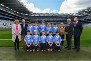 17 September 2017; President of the Ladies Football Association Marie Hickey, President of Cumann na mBunscol Liam McGee, Uachtarán Chumann Lúthchleas Gael Aogán Ó Fearghaíl, President of the INTO John Boyle, with the Dublin team, back row, left to right, Joshua Butler, St Cronans BNS, Bray, Co Wicklow, Mathew Cowley, St Michael's NS, Danesfort, Co Kilkenny, Fiachra Dowd, St Mary's NS, Ballyhaise, Co. Cavan, Roy Murphy, De La Salle NS, Ballyfermot Road, Dublin, Bryan Hayes, St Anthony's Boys NS, Ballinlough, Co Cork, Referee Eoghan Costello, St. Pius X BNS, Terenure, Dublin 6W, front row, left to right, Dylan Boyle, St Naile's PS, Kinawley, Co. Fermanagh, Cillian Byrne, Poulfur National School, New Ross, Co. Wexford, James Cranny, Bennekerry National School, Bennekerry, Co. Carlow, Ruairí McCullagh, St. Teresa's P.S., Loughmacrory, Omagh, Co. Tyrone, Max Morgan, Star of the Sea NS, Sandymount, Dublin, ahead of the INTO Cumann na mBunscol GAA Respect Exhibition Go Games at Dublin v Mayo GAA Football All-Ireland Senior Championship Final at Croke Park in Dublin. 17 September 2017; President of the Ladies Football Association Marie Hickey, President of Cumann na mBunscol Liam McGee, Uachtarán Chumann Lúthchleas Gael Aogán Ó Fearghaíl, President of the INTO John Boyle, with the Dublin team, back row, left to right, ahead of the INTO Cumann na mBunscol GAA Respect Exhibition Go Games at Dublin v Mayo GAA Football All-Ireland Senior Championship Final at Croke Park in Dublin. Photo by Daire Brennan/Sportsfile