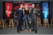 20 September 2017; Mikaela Mayer with WBO Featherweight Oscar Valdez, right, and Michael Conlan following a press conference in the Tucson Convention Center in Tucson, Arizona, USA. Photo by Mikey Williams/Top Rank/Sportsfile