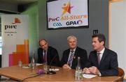 19 September 2017; PwC's sponsorship of the PwC All-Stars was celebrated with an event at Croke Park. The new partnership with the GAA and GPA was officially confirmed last Friday. Uachtarán Chumann Lúthcleas Gael Aogán Ó Fearghail, GPA Chief Executive Dermot Earley and Feargal O'Rourke, Managing Partner, PwC were joined by Galway's All Ireland winning hurling captain David Burke, Waterford hurling captain Kevin Moran and Kerry footballer Paul Geaney at the event. Speaking at the event is Feargal O'Rourke, Managing Partner, PwC, in the company of Uachtarán Chumann Lúthchleas Gael Aogán Ó Fearghail, and Dermot Earley, GPA Chief Executive, during the PwC All-Stars hurling nominations at Croke Park in Dublin. Photo by Brendan Moran/Sportsfile