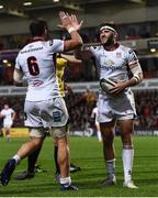 22 September 2017; Stuart McCloskey of Ulster celebrates with Clive Ross of Ulster after scoring his sides first try during the Guinness PRO14 Round 4 match between Ulster and Dragons at Kingspan Stadium in Belfast. Photo by Oliver McVeigh/Sportsfile