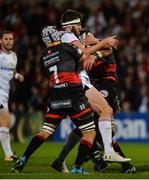 22 September 2017; Stuart McCloskey of Ulster is tackled by Ollie Griffiths and Robson Blake of Dragons during the Guinness PRO14 Round 4 match between Ulster and Dragons at Kingspan Stadium in Belfast. Photo by Oliver McVeigh/Sportsfile