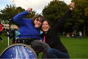 22 September 2017; Sarah Creedon, age 17, from Swords, Co Dublin, celebrates with her physical education teacher Maria Aragon during the GAA Fun & Run Launch at Culture Night at Trinity College Cricket Ground in Dublin. GAA Fun & Run is a specially designed programme which focuses upon the integration and inclusion of people with disabilities in Gaelic games, while also giving participants the opportunity to take part in 60 minutes of moderate to vigorous activity. Photo by Cody Glenn/Sportsfile