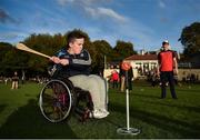 22 September 2017; Jake Kinnear, age 16, from Clare Hall, Dublin, at bat during the GAA Fun & Run Launch at Culture Night at Trinity College Cricket Ground in Dublin. GAA Fun & Run is a specially designed programme which focuses upon the integration and inclusion of people with disabilities in Gaelic games, while also giving participants the opportunity to take part in 60 minutes of moderate to vigorous activity. Photo by Cody Glenn/Sportsfile