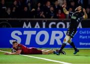 22 September 2017; Chris Farrell of Munster goes over to score his side's second try during the Guinness PRO14 Round 4 match between Glasgow Warriors and Munster at Scotstoun Stadium in Glasgow. Photo by Rob Casey/Sportsfile