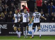 22 September 2017; David McMillan of Dundalk, centre, celebrates with teammates Robbie Benson, left, and Dane Massey, right, after scoring his side's second goal of the game during the SSE Airtricity League Premier Division match between Dundalk and Drogheda United at Oriel Park in Louth. Photo by Seb Daly/Sportsfile