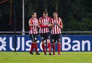 6 July 2012; Stephen McLaughlin, Derry City, right, celebrates after scoring his side's first goal with team-mates David McDaid, left, and Ryan Curran. Airtricity League Premier Division, UCD v Derry City, Belfield Bowl, UCD, Belfield, Dublin. Picture credit: Stephen McCarthy / SPORTSFILE