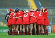 15 September 2002; The Cork Junior team huddle together prior to All-Ireland Junior Camogie Final match between Kilkenny and Cork at Croke Park in Dublin. Photo by Aoife Rice/Sportsfile
