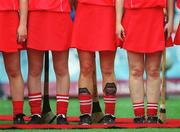 15 September 2002; Cork players stand waiting to meet the President prior to the All-Ireland Senior Camogie Championship Final match between Cork and Tipperary at Croke Park in Dublin. Photo by Aoife Rice/Sportsfile