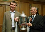 16 September 2002; Bohemians manager Stephen Kenny, left, and Joe Colwell, Chairman, Shamrock Rovers, after drawing each other in the semi-final of the FAI Carlsberg Senior Challenge Cup, at the Alexander Hotel in Dublin. Photo by Damien Eagers/Sportsfile