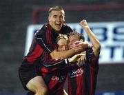 20 September 2002; Gary O'Neill, right, celebrates after scoring his sides first goal with Bohemians team-mates Stephen Caffrey and Bobby Ryan during the eircom League Premier Division match between Bohemians and Drogheda United at Dalymount Park in Dublin. Photo by David Maher/Sportsfile