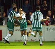 23 September 2002; Paul Forsyth, centre, of Bray Wanderers, celebrates after scoring his side's first goal with team-mates Barry O'Connor and Jason Byrne during the eircom League Premier Division match between St. Patrick's Athletic and Bray Wanderers at Richmond Park in Dublin. Photo by David Maher/Sportsfile