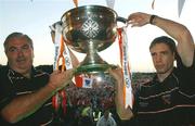 23 September 2002; Manager Joe Kernan, left, and captain Kieran McGeeney, hold aloft the Sam Maguire cup, during the homecoming of Armagh, All-Ireland Senior Football Champions, at Crossmaglen Rangers, in Crossmaglen, Armagh. Photo by Damien Eagers/Sportsfile