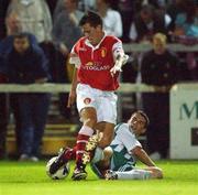 23 September 2002; Ger McCarthy of St. Patrick's Athletic in action against Jody Lynch of Bray Wanderers during the eircom League Premier Division match between St. Patrick's Athletic and Bray Wanderers at Richmond Park in Dublin. Photo by David Maher/Sportsfile
