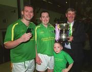 21 September 2002; Tony Hayes, President of the Handball Association, presents the cup to Walter O'Connor, left, and Tom Sheridan of Meath, with Robert Fox, below, following the Senior Doubles Final at the High Ball All-Ireland Handball Finals at Croke Park in Dubliin. Photo by Damien Eagers/Sportsfile