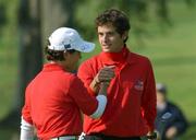 25 September 2002; Matteo del Podio is congratulated by playing partner Dewi Claire Shreefel of Europe, after he sunk a long putt on the 10th green to half the hole during day two of the Junior Ryder Cup Matches at The K Club in Straffan, Kildare. Photo by Matt Browne/Sportsfile