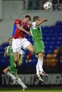 27 September 2002; Jim Gannon of Shelbourne in action against John O'Flynn of Cork City during the eircom League Premier Division match between Shelbourne and Cork City at Tolka Park in Dublin. Photo by David Maher/Sportsfile
