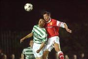 27 September 2002; Gerard McCarthy of St. Patrick's Athletic in action against Richie Byrne of Shamrock Rovers during the eircom League Premier Division match between St. Patrick's Athletic and Shamrock Rovers at Richmond Park in Dublin. Photo by Damien Eagers/Sportsfile