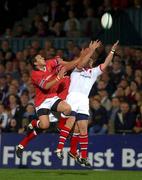 27 September 2002; Jason Holland, left, and Denis Leamy of Munster in action against James Topping of Ulster during the Celtic League Pool A match between Ulster and Munster at Ravenhill in Belfast. Photo by Matt Browne/Sportsfile