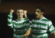 27 September 2002; Noel Hunt of Shamrock Rovers celebrates after scoring his side's first goal with team-mate Luke Dimech, right, during the eircom League Premier Division match between St. Patrick's Athletic and Shamrock Rovers at Richmond Park in Dublin. Photo by Damien Eagers/Sportsfile